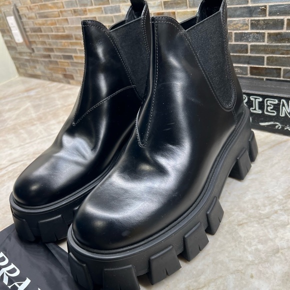 PRADA Monolith Leather Lug-Sole Chelsea Booties - Picture 11 of 13